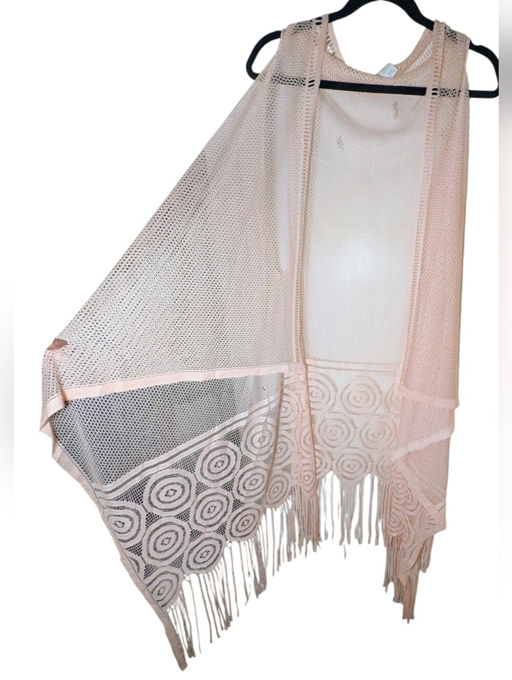 Fashionazzle Blush Pink Open Knit Fringe Duster Vest OS NWOT - Picture 2 of 5